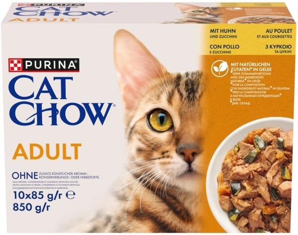 

Упаковка влажного корма для взрослых кошек Purina Cat Chow Adult с курицей и кабачками 85 г х 10 шт