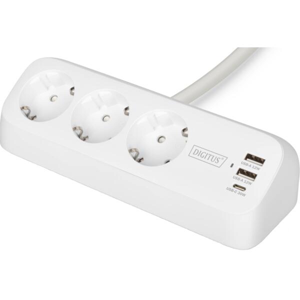 

Блок розеток DIGITUS Office, 3xSchuko, 2xUSB-A, 1xUSB-C, 16A, 1.5м, вилка Schuko, белый (DA-70626)