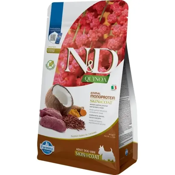 

Cухой корм для собак Farmina N&D Quinoa Dog Skin&Coat VENISON&COCONUT Adult Mini с олениной и кокосом 0,8 кг