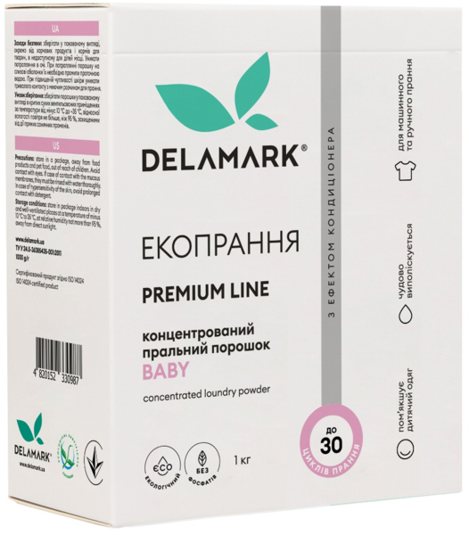 

Концентрированный бесфосфатный стиральный порошок DeLaMark Premium Line Baby с эффектом кондиционера 1 кг