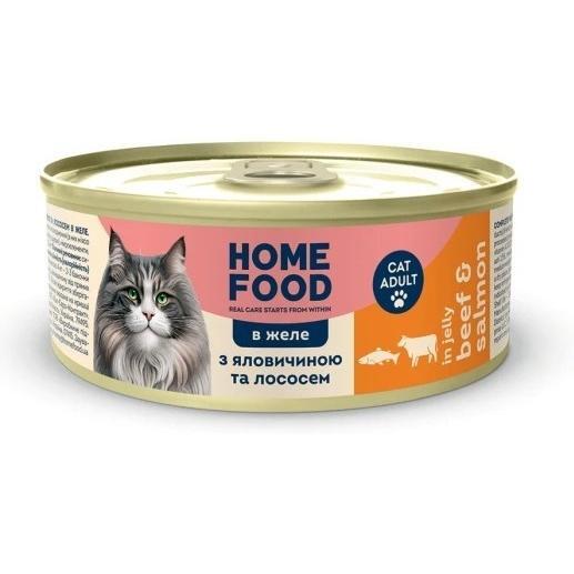 

Полнорационный консервированный корм HOME FOOD для взрослых кошек с говядиной и лососем в желе 85 г