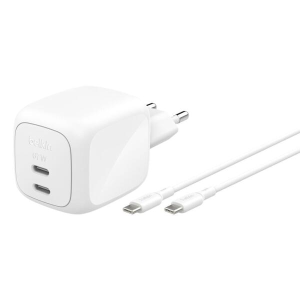 

Зарядное устройство сетевое Belkin 67Вт 2хUSB-С GAN PD PPS, кабель USB-С > USB-C, 2м, белый
