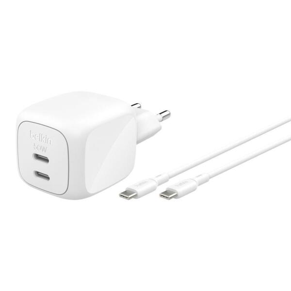 

Зарядное устройство сетевое Belkin 50Вт 2хUSB-С GAN PD PPS, кабель USB-С > USB-C, 1м, белый