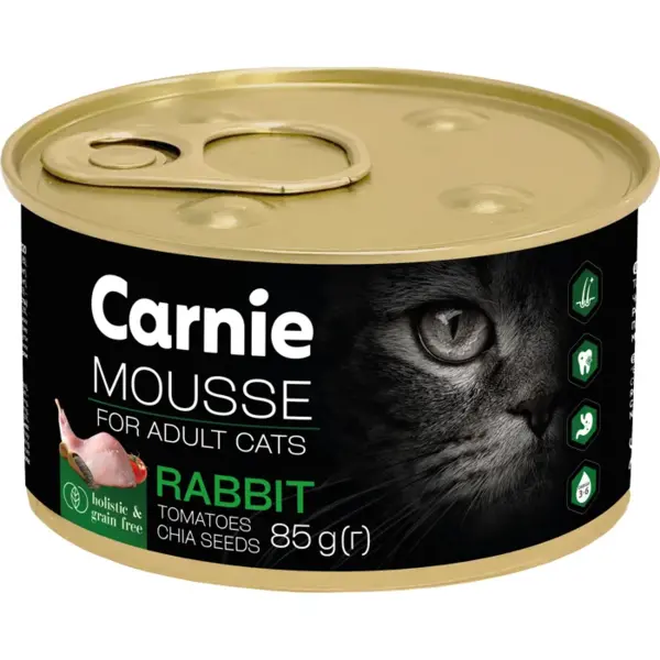 

Консерва для кошек Carnie мясной мусс с кроликом, семенами чиа, томатами и желе 85 г