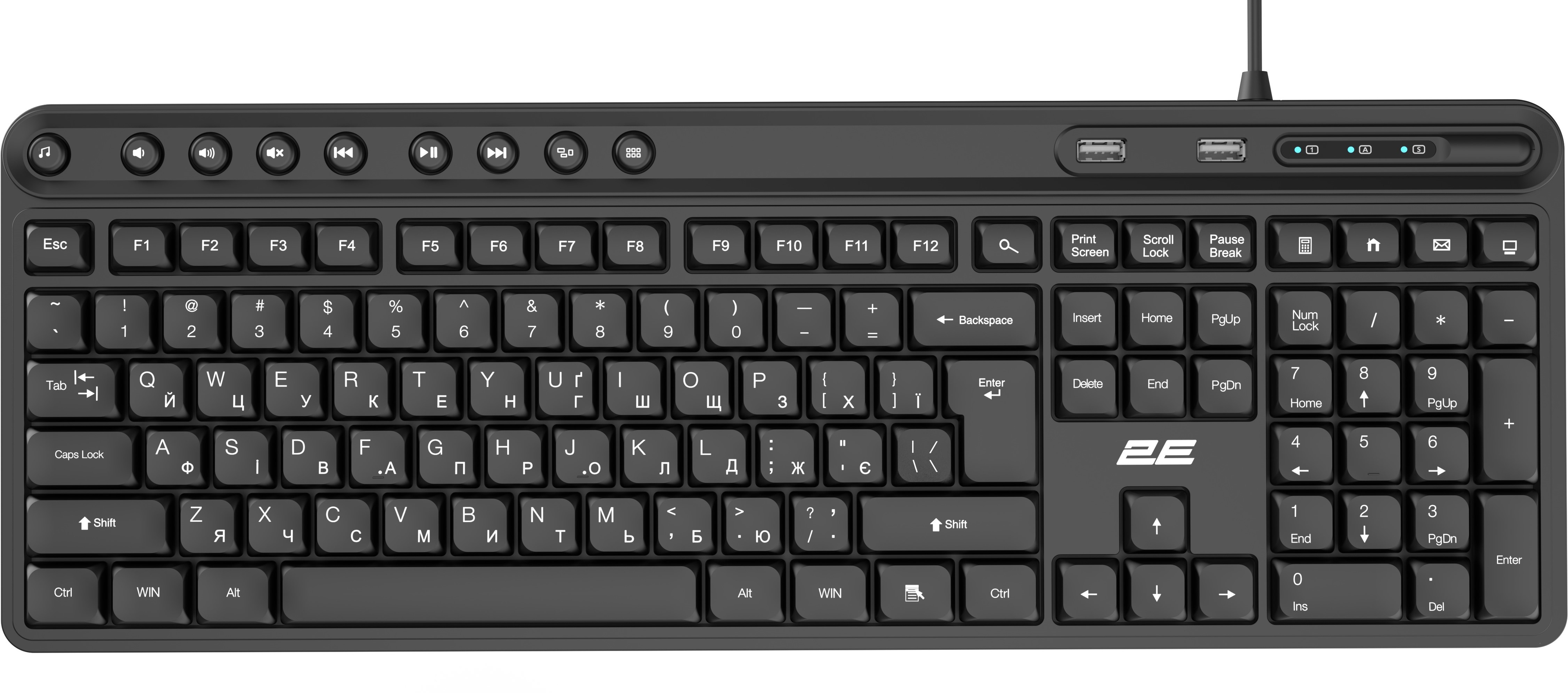 Клавиатура мембранная 2E KS1100 118key, 2xUSB HUB, USB-A, EN/UK, черный фото 1