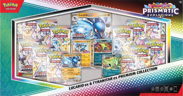 

Коллекционная карточная игра Pokemon Scarlet & Violet Prismatic Evolutions. Lucario Ex & Tyranitar Ex Premium Collection