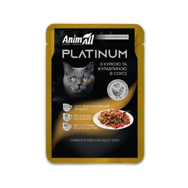 Влажный корм для взрослых кошек AnimAll Platinum с курицей и клюквой в соусе 85 г