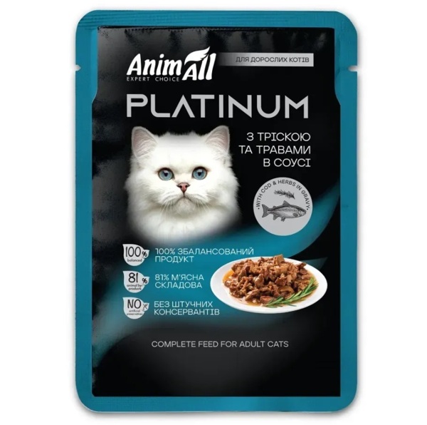 Влажный корм для взрослых кошек AnimAll Platinum с Треской и Травами в соусе 85 г