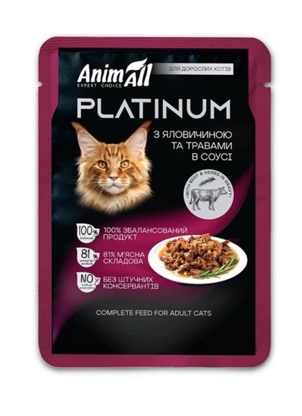 Влажный корм для взрослых кошек AnimAll Platinum с говядиной и травами в соусе 85 г