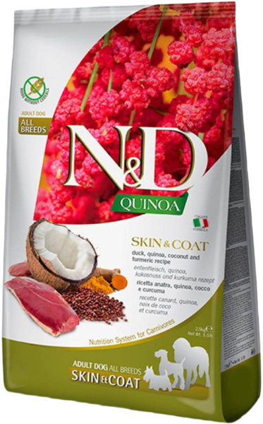

Сухой корм для собак всех пород Farmina N&D Quinoa Skin&Coat Adult All Breeds Утка, киноа, кокос и куркума 2,5 кг