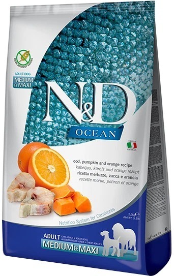 

Сухой корм для собак Farmina N&D Grain Free Ocean Cod, Pumpkin & Orange Adult Medium & Maxi Треска и апельсин 2,5 кг