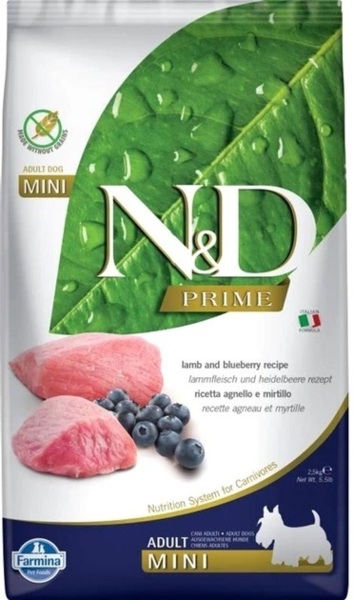 Сухой корм для взрослых собак мелких пород Farmina N&D Prime Lamb & Blueberry Adult Mini Ягненок с черникой 2,5 кг