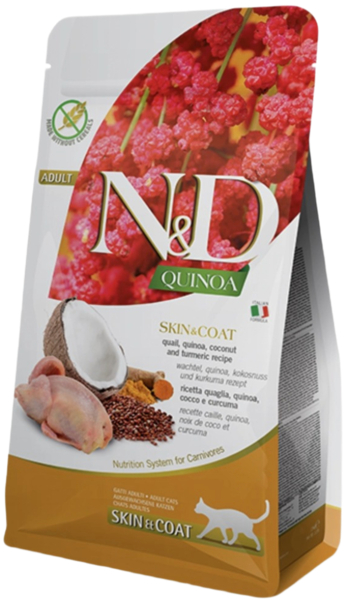 

Сухой диетический корм для кошек Farmina N&D Quinoa Skin&Coat при пищевой аллергии Перепел, киноа, кокос и куркума 300 г