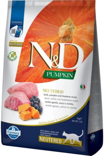 

Сухой корм для стерилизованных кошек Farmina N&D Grain Free Pumpkin Lamb&Blueberry Neutered Тыква, ягненок, черника 5 кг
