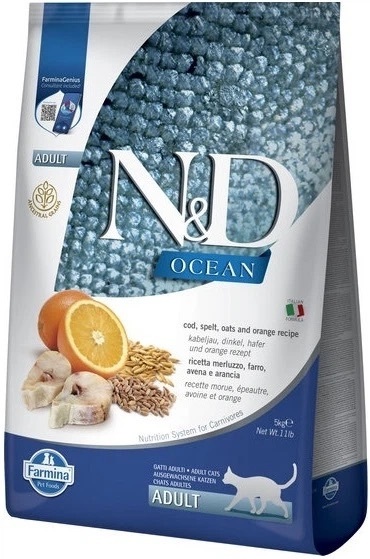 Сухой корм для кошек Farmina N&D Low Grain Ocean Cod, Spelt, Oats & Orange Adult низкозерновой Треска с апельсином 5 кг