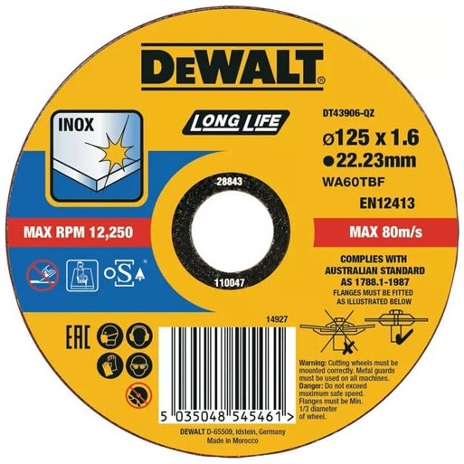 Диск відрізний DeWalt INOX Long Life по металу 125х1.6х22.23мм (DT43906)фото1