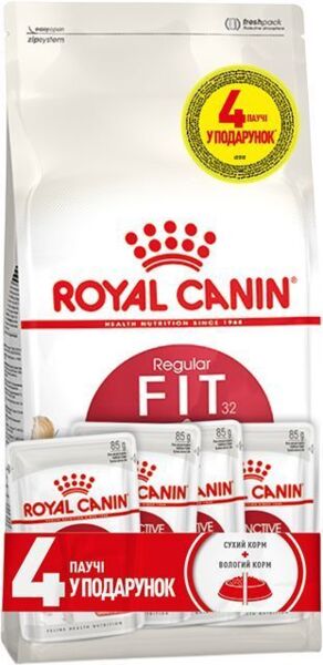 

Промонабор Сухой корм для домашних и уличных кошек Royal Canin Fit 2кг + Wet Inst in Gravy 85г х 4шт