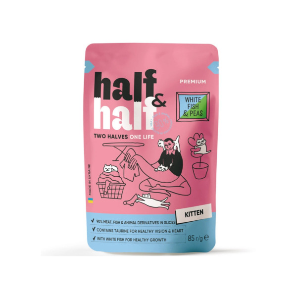 Корм влажный для котят Half&Half с белой рыбой и горохом в желе 85 г