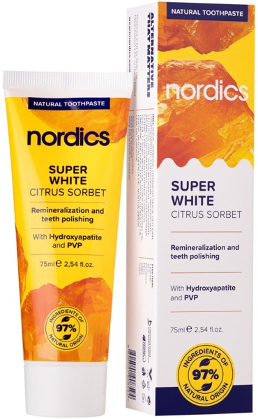 Зубная паста Nordics Cosmos Organic Super White Натуральное отбеливание с лимоном и мятой 75 мл