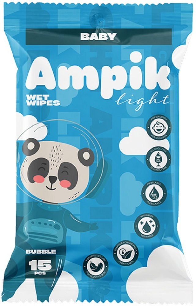 Влажные салфетки Ampik Light детские 15 шт Синие фото 1