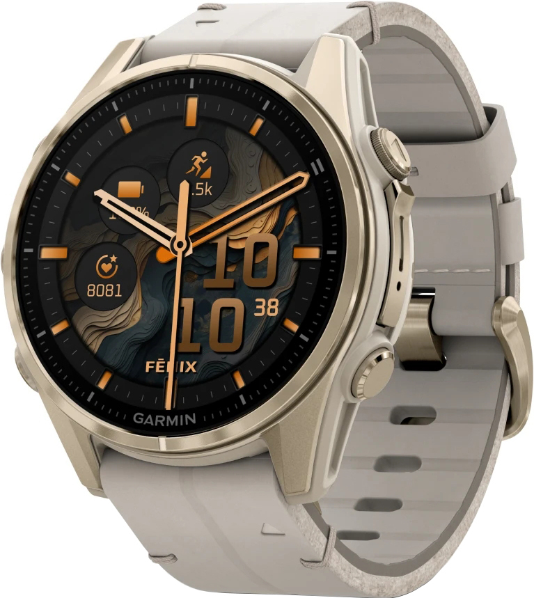 Смарт-годинник Garmin Fenix 8 43mm AMOLED Saph SftGldSS/FogGryLeatherBnd (010-02903-40)фото1