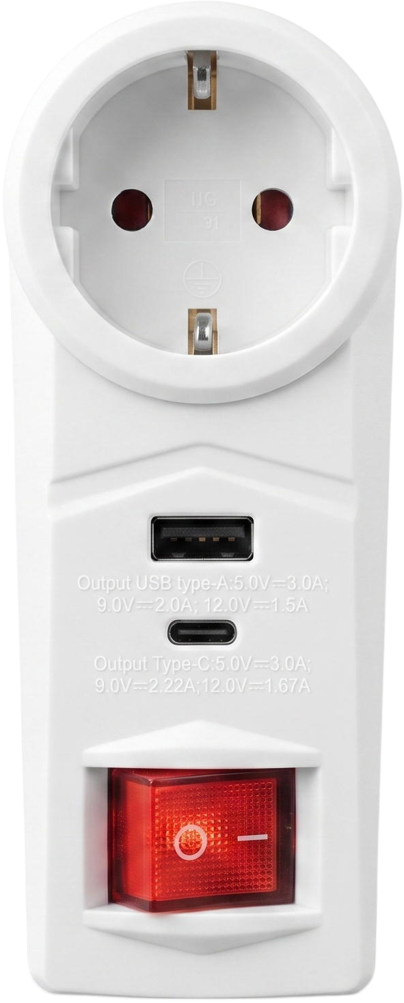 Адаптер сетевой 2E 1xТипF, 16A, 1xUSB-A,1xUSB-C, белый (2E-AD0102SWH) фото1