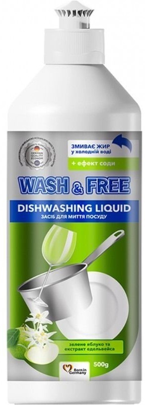 Средство для мытья посуды Wash&Free Зеленое яблоко и экстракт эдельвейса 500 г фото 1