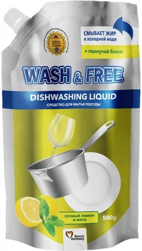 Средство для мытья посуды Wash&Free Лимон и мята дой-пак 500 г фото 1