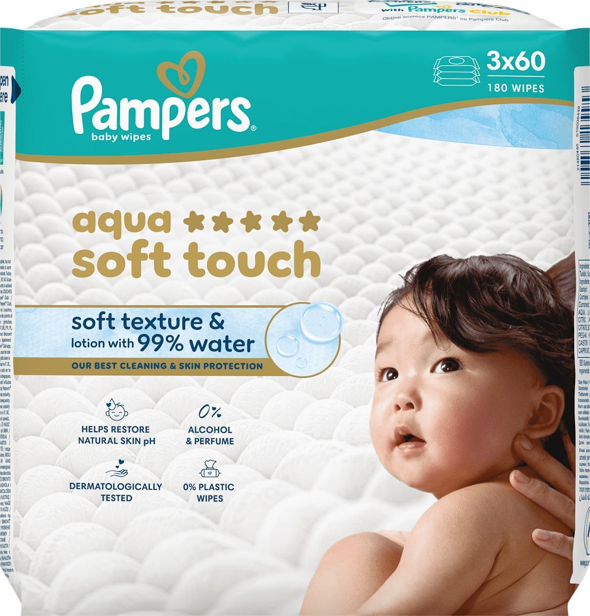 Салфетки влажные детские Pampers Aqua Soft Touch 3 x 60 шт фото 1