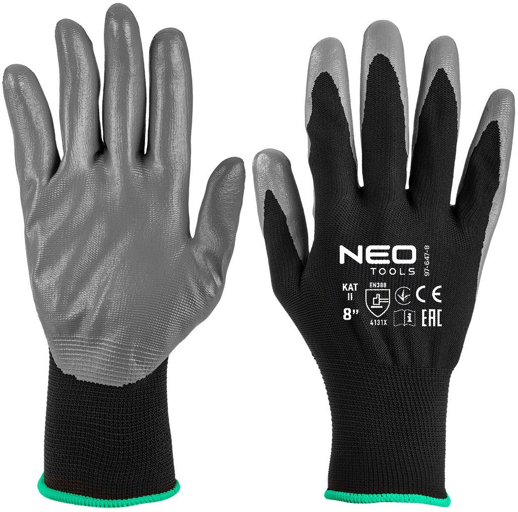 Рукавички робочі Neo Tools поліестер з нітриловим покриттям, р.8, сіро-чорний (97-647K-8)фото1