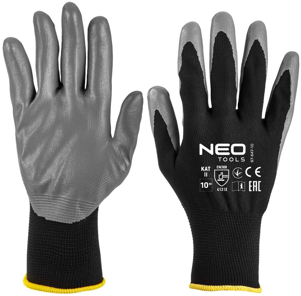 Рукавички робочі Neo Tools поліестер з нітриловим покриттям, р.10, сіро-чорний (97-647K-10)фото1