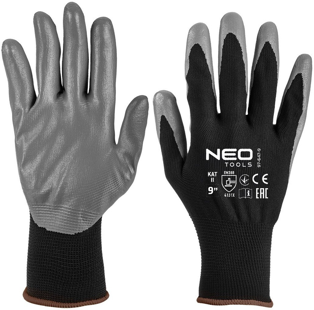 Рукавички робочі Neo Tools поліестер з нітриловим покриттям, р.9, сіро-чорний (97-647K-9)фото1