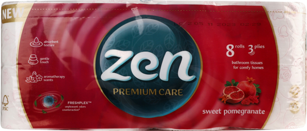 Туалетная бумага Zen Premium Гранат 3 слоя 8 длинных рулонов по 18,9м