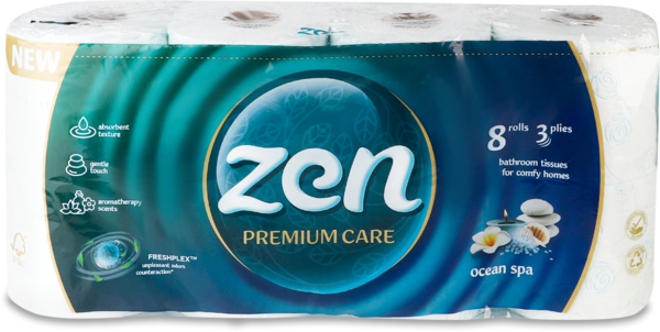 Туалетная бумага Zen Premium Ocean SPA 3 слоя 8 длинных рулонов по 18,9м