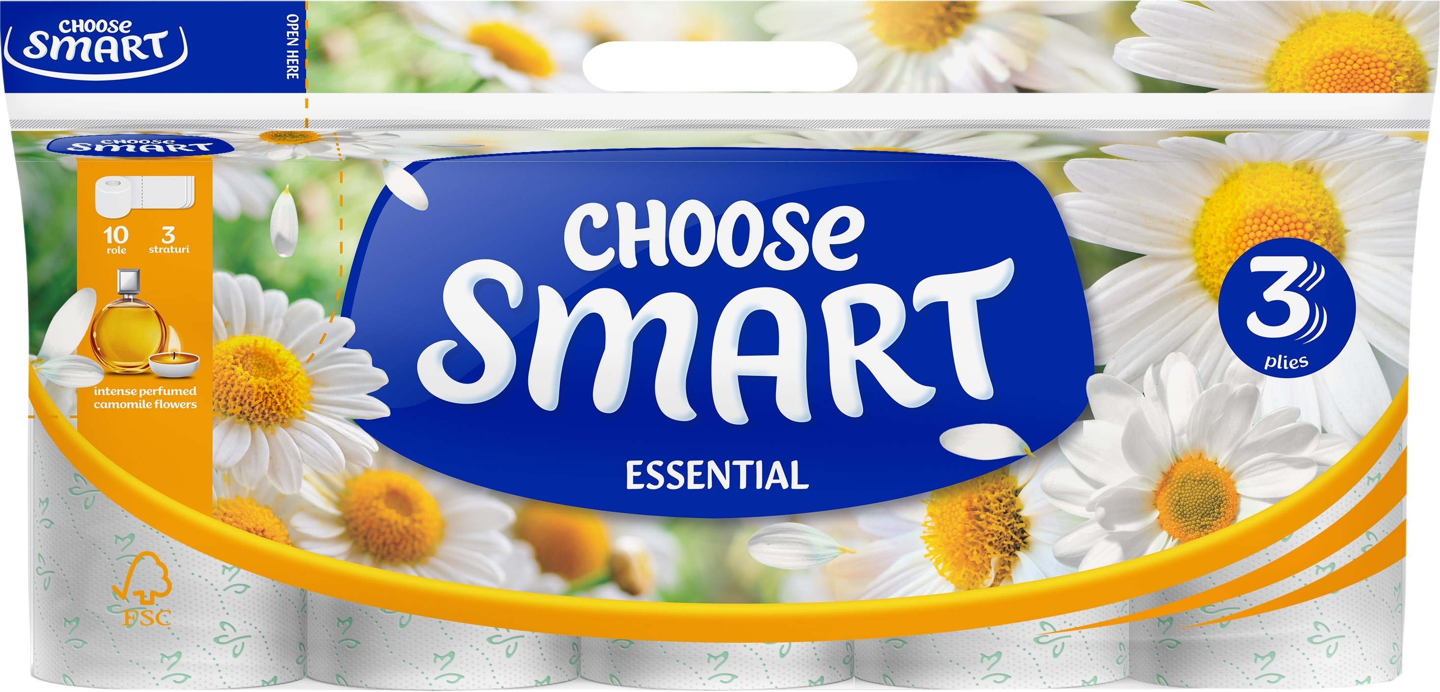 Туалетная бумага Smart Essential Ромашка 3 слоя 10 рулонов по 14,4м фото 1