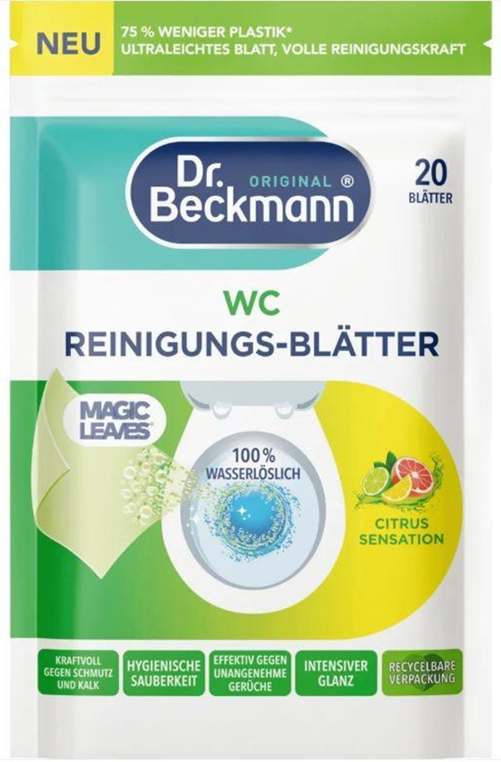 Растворимая салфетка Dr.Beckmann Magic Leaves для очищения унитаза Цитрусовая Сенсация 20 шт фото 1