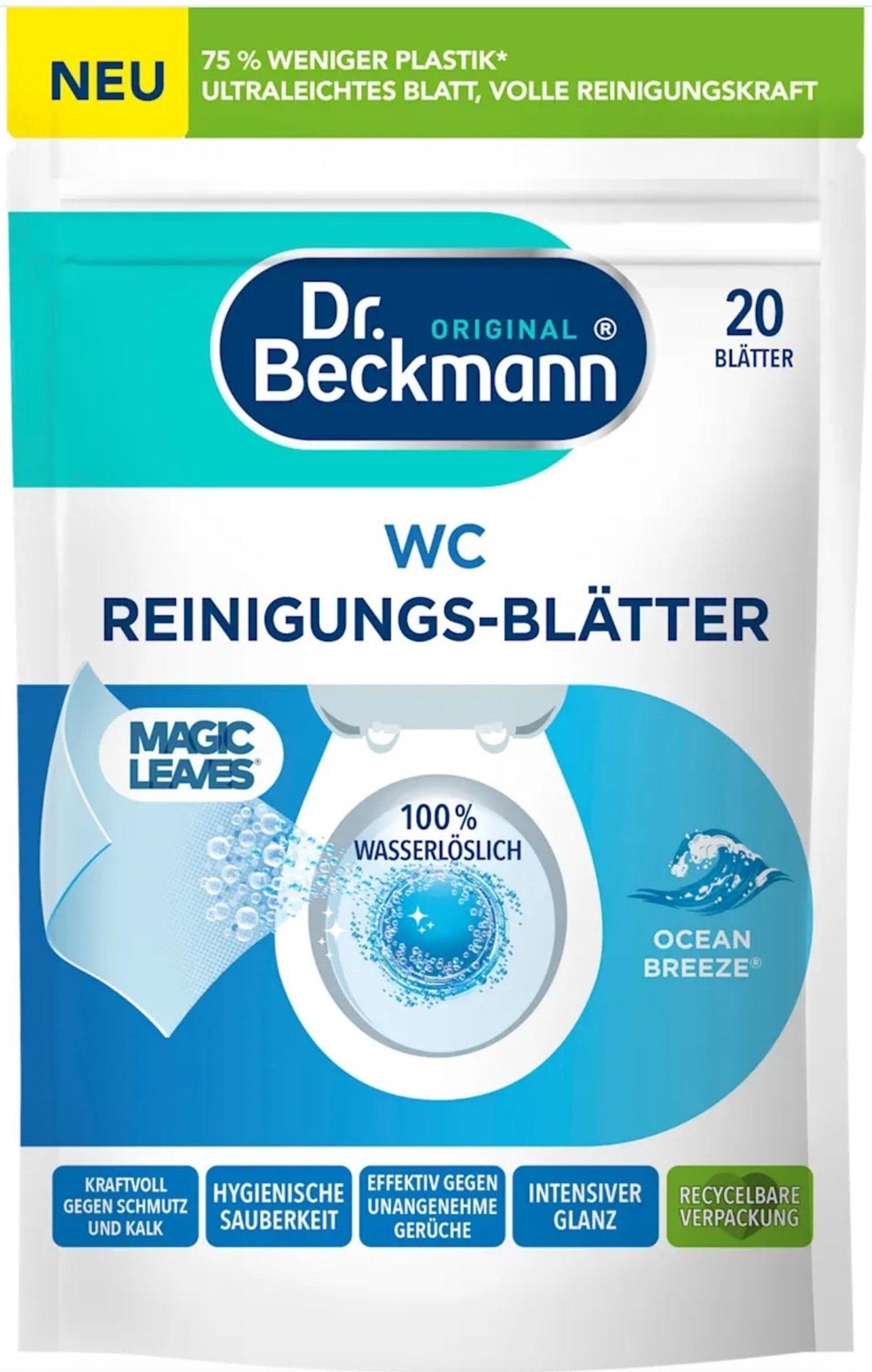 Растворимая салфетка Dr.Beckmann Magic Leaves для очистки унитаза Океанский бриз 20 шт фото 1