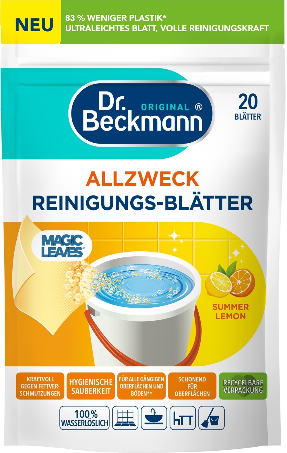 Розчинна серветка Dr.Beckmann Magic Leaves для прибирання Літній Лимон 20 штфото1