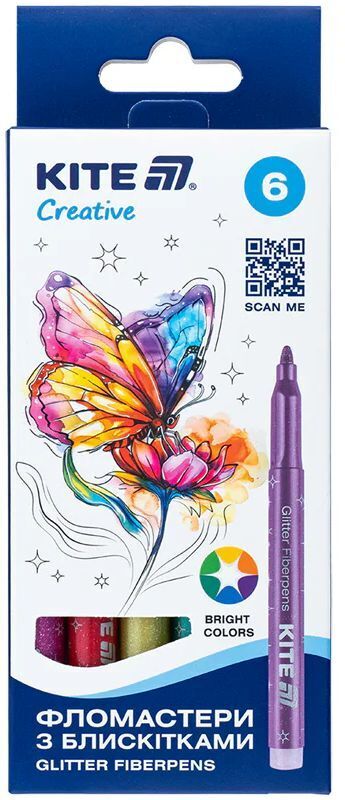 Фломастери з блискітками, набір 6шт, Kite Creative (K-1147) фото1