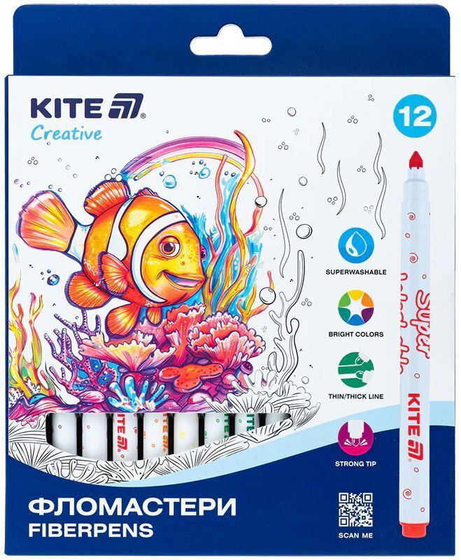 Фломастери, набір 12шт, Kite Creative Superwashable (K-1152) фото1