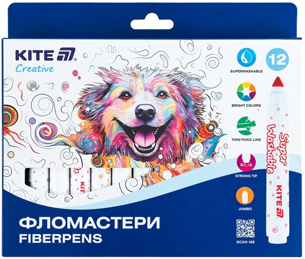 Фломастери, набір 12шт, Kite Creative Superwashable Jumbo (K-1155)фото1