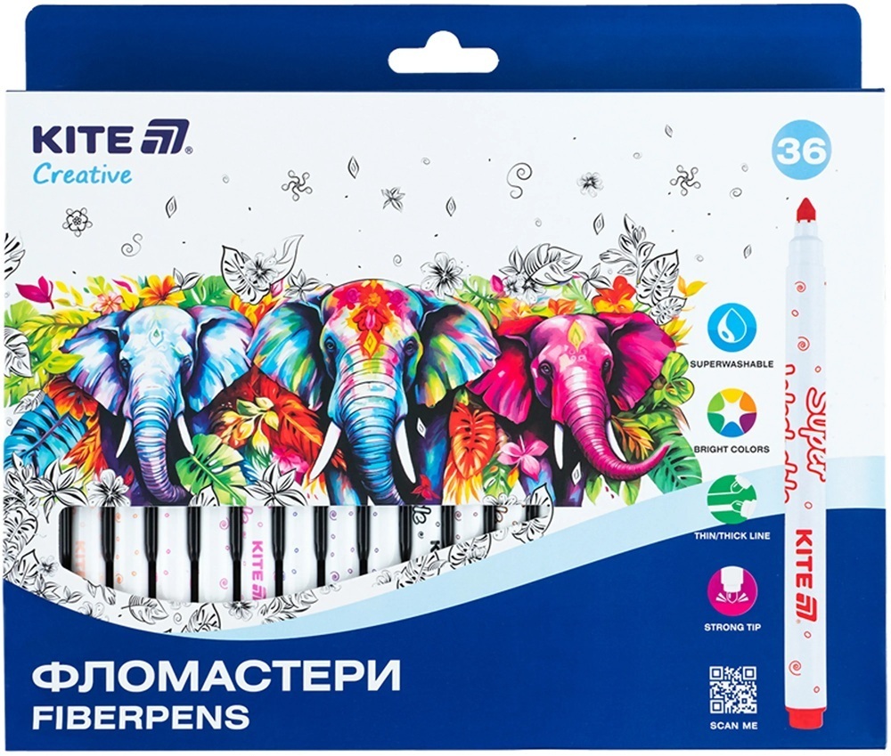 Фломастери, набір 36шт, Kite Creative Superwashable (K-1154)фото1