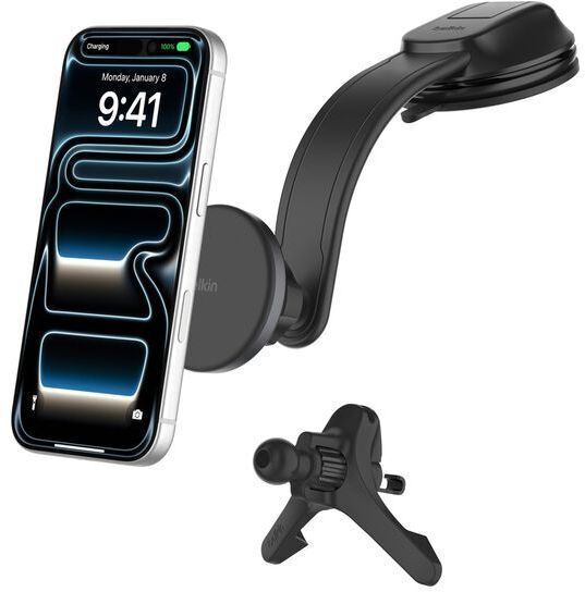 Автомобильный держатель смартфона Belkin Qi2 с беспроводной зарядкой (дефлектор/панель) + USB-C 27Вт (WIC012HQBK)