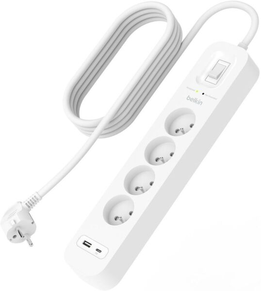 Удлинитель сетевой Belkin 4хТипЕ 16А USB-A/USB-C 18Вт, фильтр, белый 2м (SRB001CA2M)