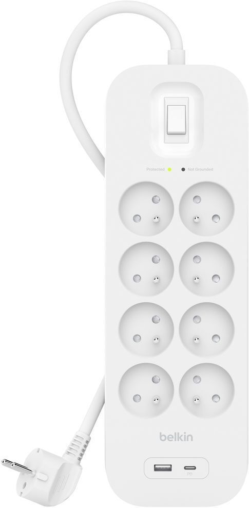 Подовжувач мережевий Belkin 8хТипE 16А USB-A/USB-C 18Вт, фільтр, білий 2м (SRB003CA2M)фото1