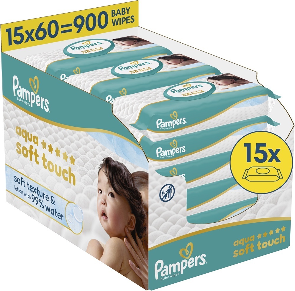 Салфетки влажные детские Pampers Aqua Soft Touch 15 x 60 шт фото 1