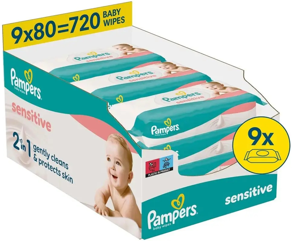 Салфетки влажные детские Pampers Sensitive 9 x 80 шт фото 1