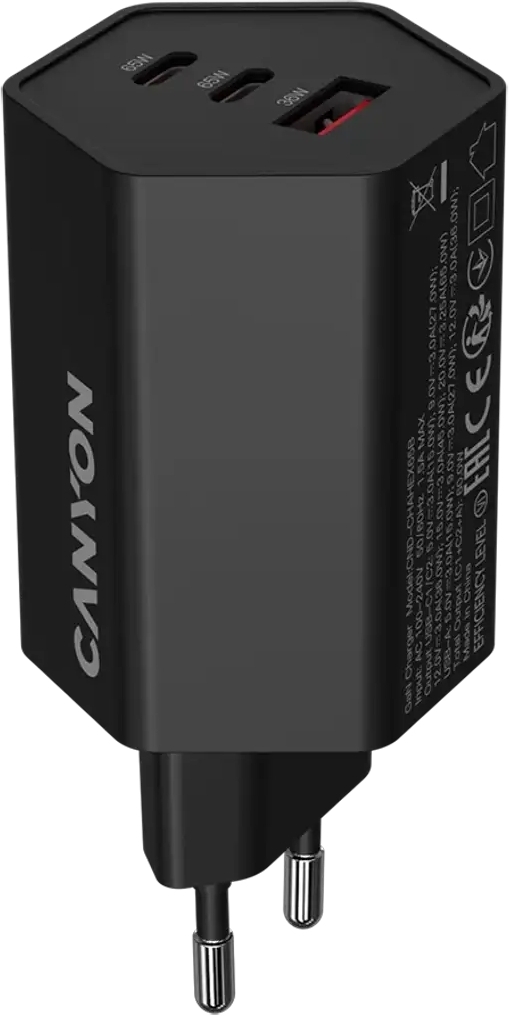 Сетевое зарядное устройство Canyon Hexagon GaN 65W, 2xUSB-C PD, 1xQC, Black (CND-CHAHEX65B) фото1