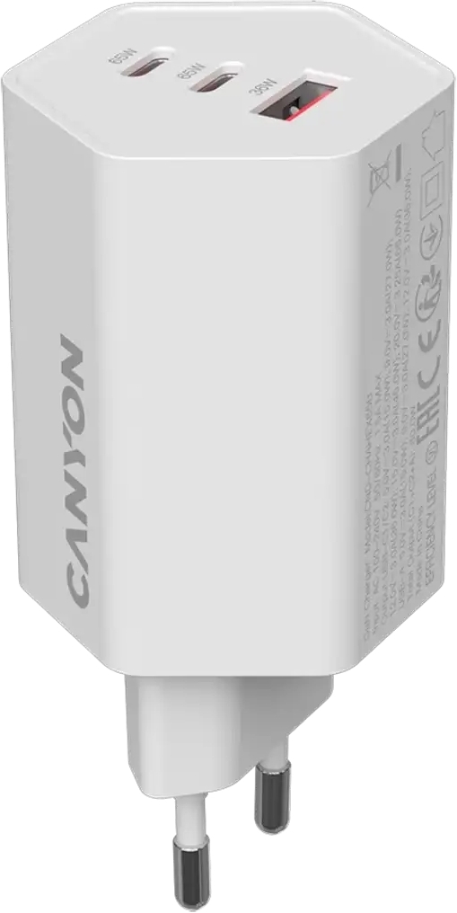 Сетевое зарядное устройство Canyon Hexagon GaN 65W, 2xUSB-C PD, 1xQC, White (CND-CHAHEX65W) фото1