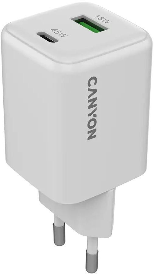 Сетевое зарядное устройство Canyon CU45AC GaN 45W 1xPD 1xQC EU White (CNS-CUW45AC) фото1